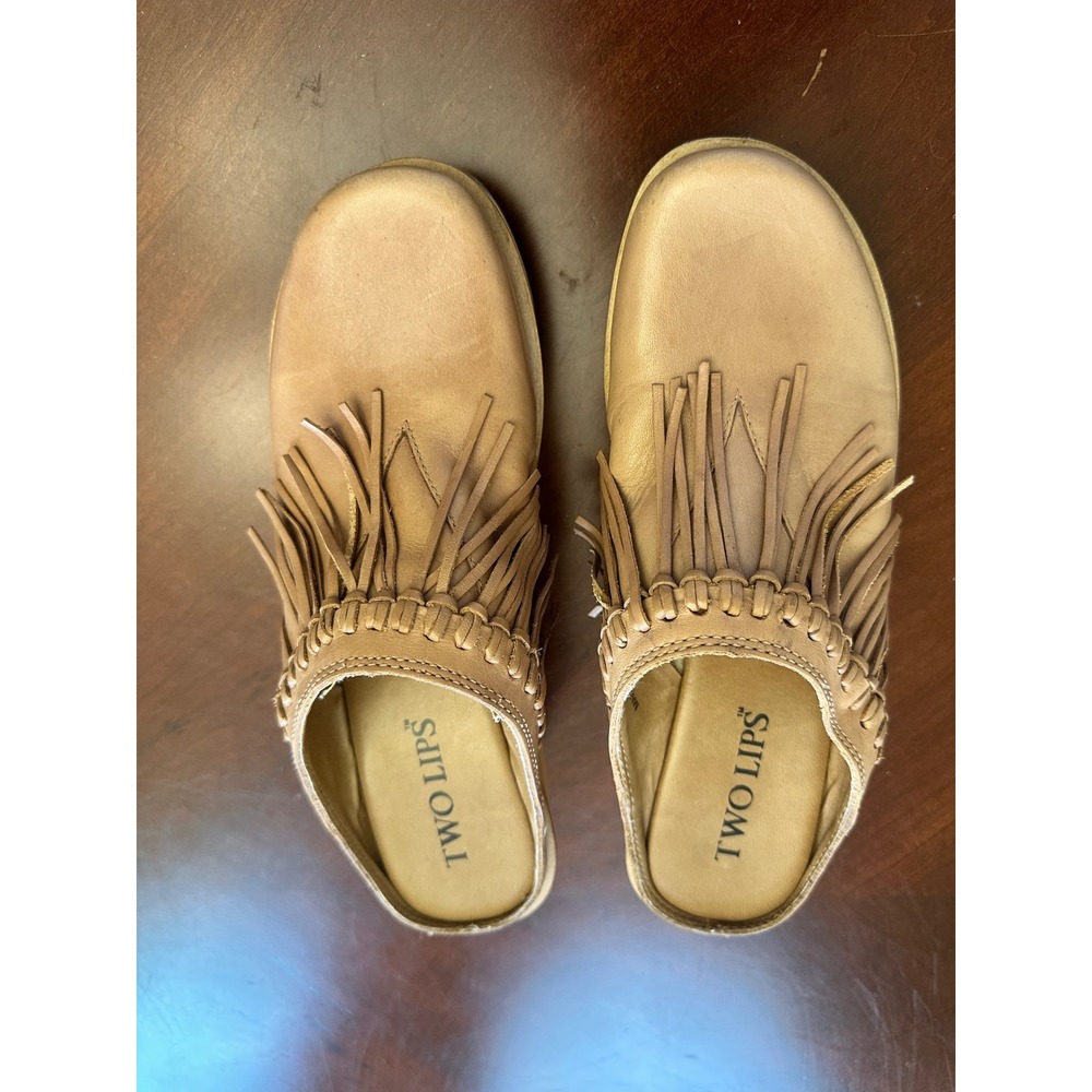 Two Lips Sylvia Tan Leather Fringe Wooden Platform Clogs Mules Boho Brazil 7M